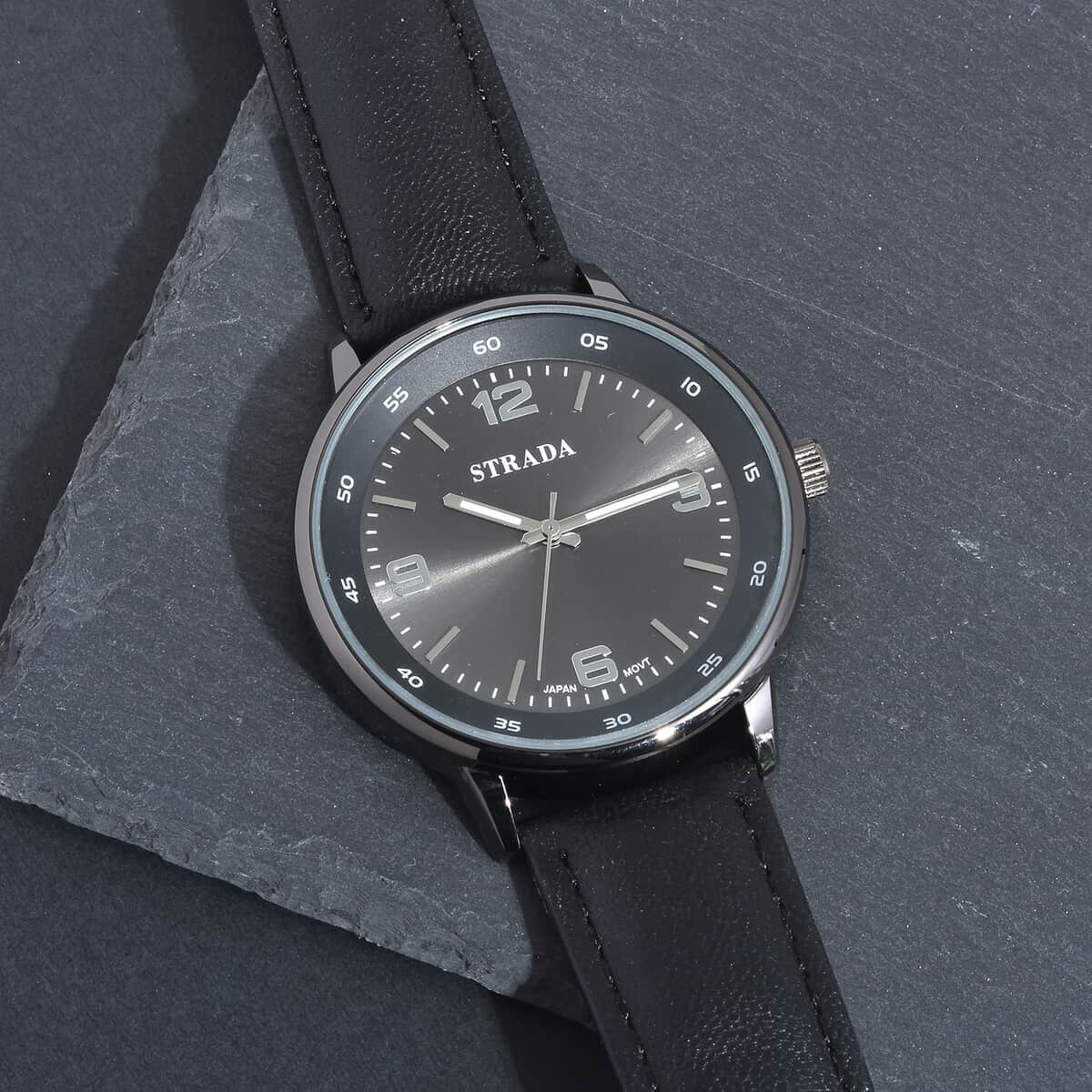 STRADA Japanese Movement Watch in Black Faux Leather Strap image number 1