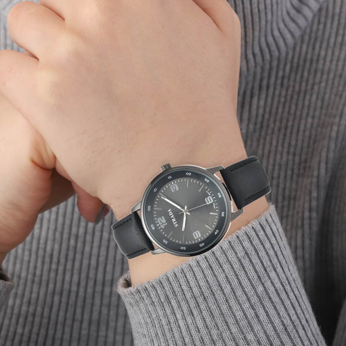 STRADA Japanese Movement Watch in Black Faux Leather Strap image number 2