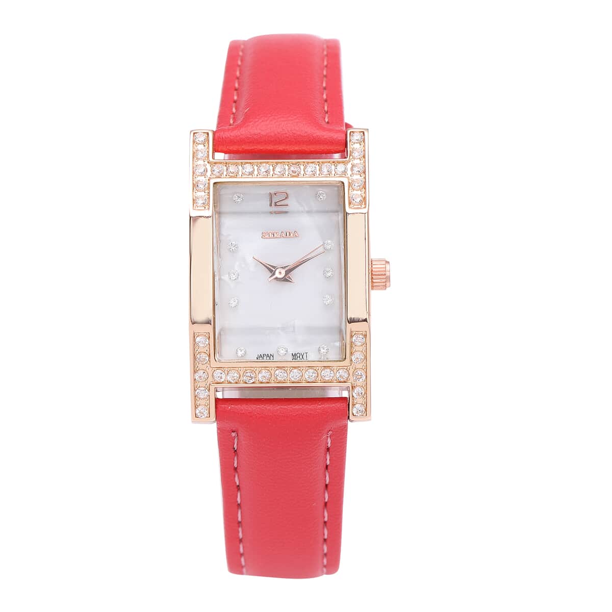 STRADA Simulated Diamond Japanese Movement Rectangle Dial Watch in Rosetone with Red Vegan Leather Strap (36mm) 0.40 ctw image number 0