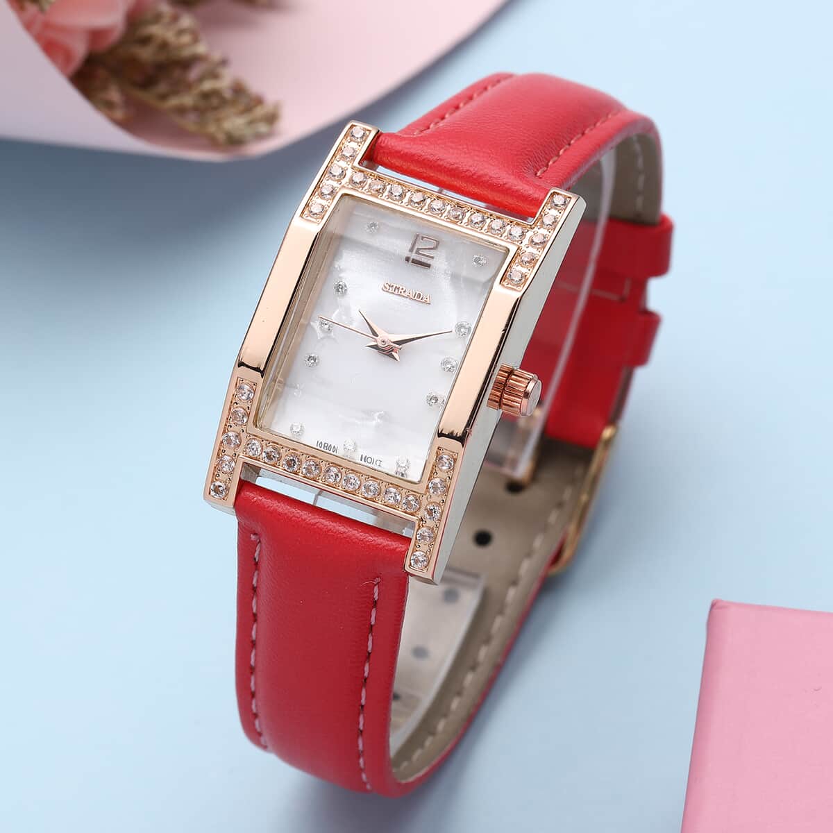 STRADA Simulated Diamond Japanese Movement Rectangle Dial Watch in Rosetone with Red Vegan Leather Strap (36mm) 0.40 ctw image number 1