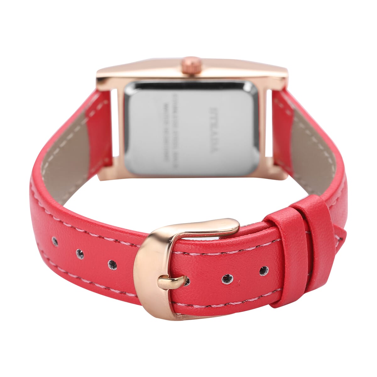 STRADA Simulated Diamond Japanese Movement Rectangle Dial Watch in Rosetone with Red Vegan Leather Strap (36mm) 0.40 ctw image number 5