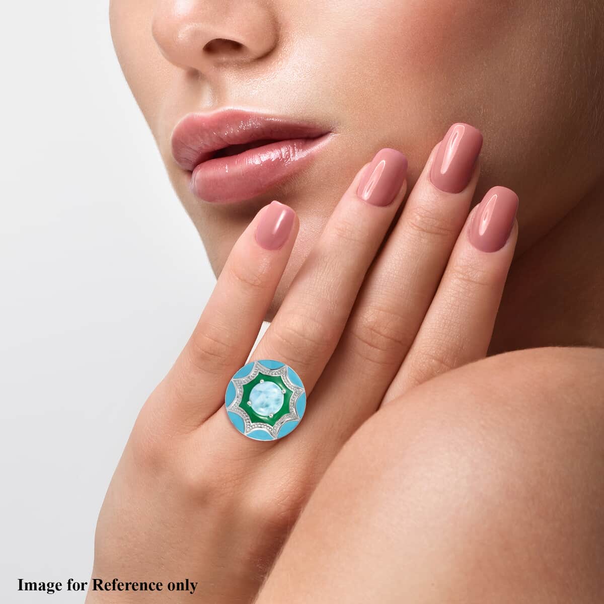Larimar and Enameled Flower Ring in Platinum Over Sterling Silver (Size 7.0) 3.90 ctw image number 2