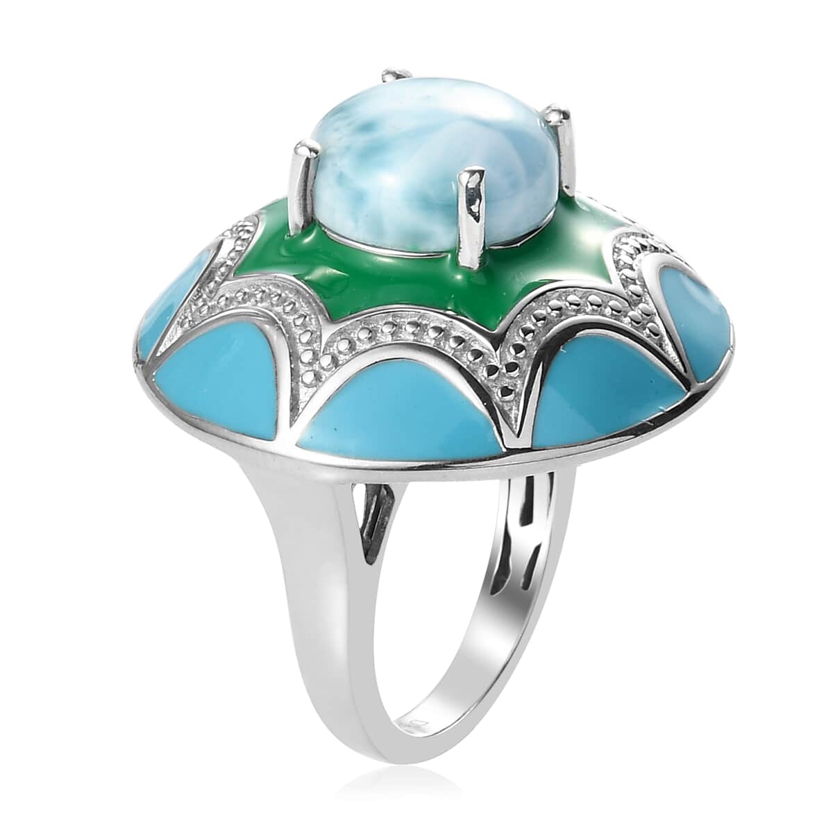 Larimar and Enameled Flower Ring in Platinum Over Sterling Silver (Size 7.0) 3.90 ctw image number 3