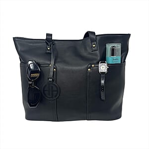 Youzey 4PC Set - Vegan Leather Tote in Black, Watch, Sunglasses, and Portascent Traveller , Women's Designer Work Tote Bag , Accessory set