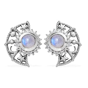 Premium Rainbow Moonstone, Moissanite Celestial Sun, Moon, and Stars Statement Earrings in Platinum Over Sterling Silver 1.60 ctw