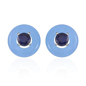 Blue Jade, Masoala Sapphire (FF) Jacket Stud Earrings in Rhodium Over Sterling Silver 19.10 ctw