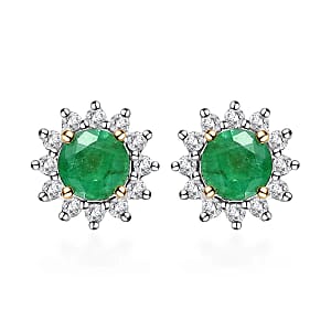 Kagem Zambian Emerald, White Zircon Sunburst Earrings in Vermeil YG Over Sterling Silver 1.00 ctw