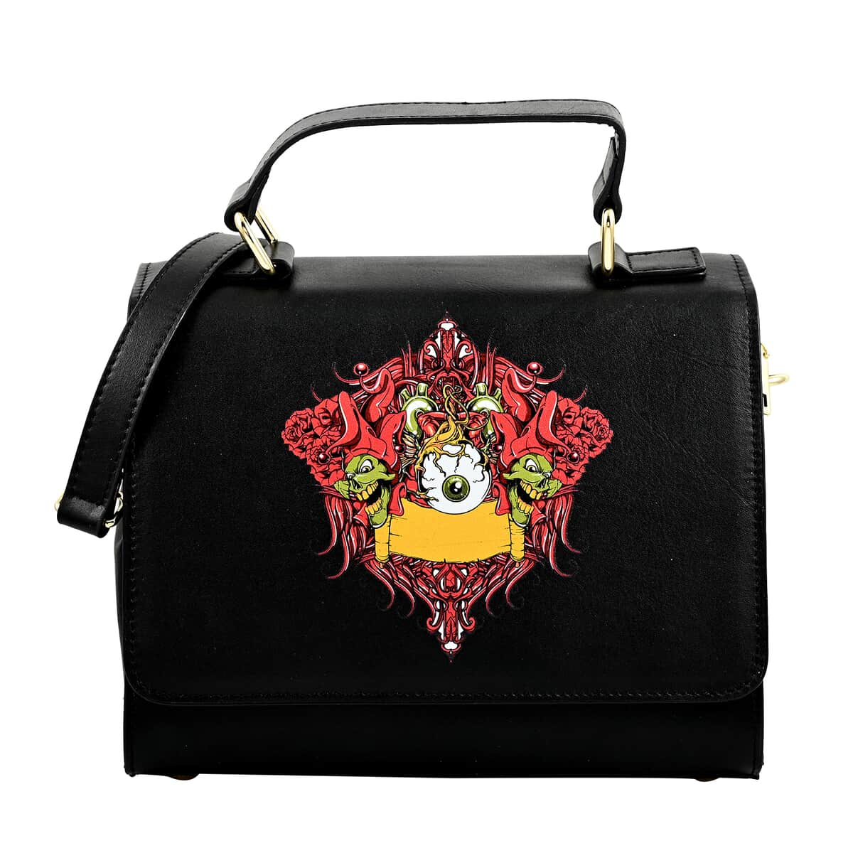 Black and Red Color Demon Pattern Genuine Leather Tote Bag image number 0