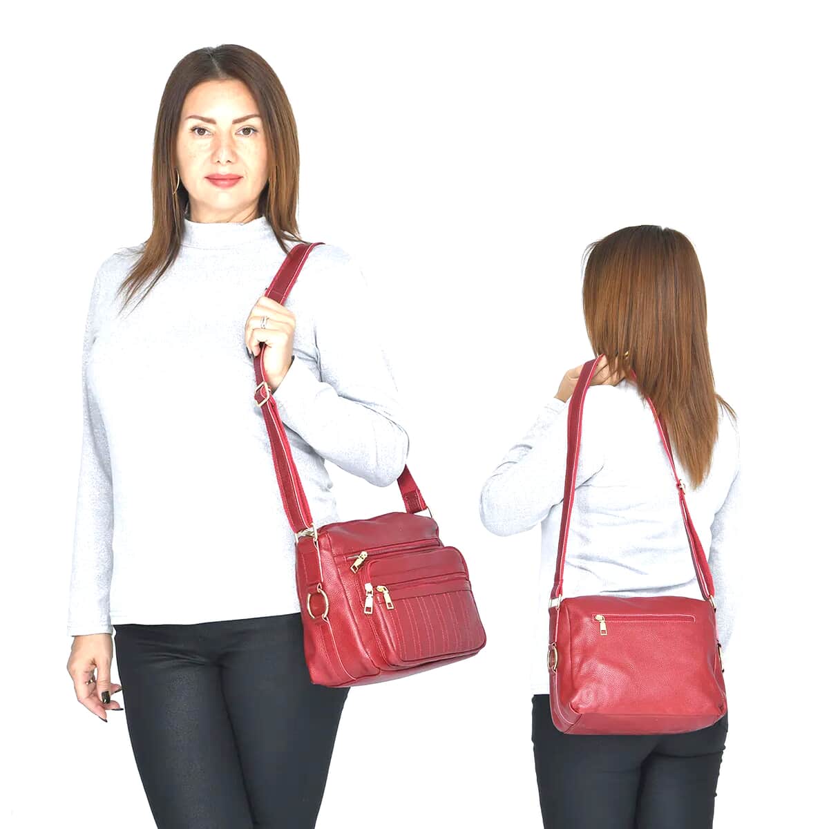 Genuine Leather Multi-Pocket Crossbody Purse Bag in Red | Large