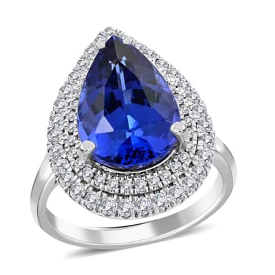 Certified & Appraised Rhapsody 950 Platinum AAAA Tanzanite and E-F VS Diamond Double Halo Ring (Size 7.0) 9.10 Grams 7.85 ctw