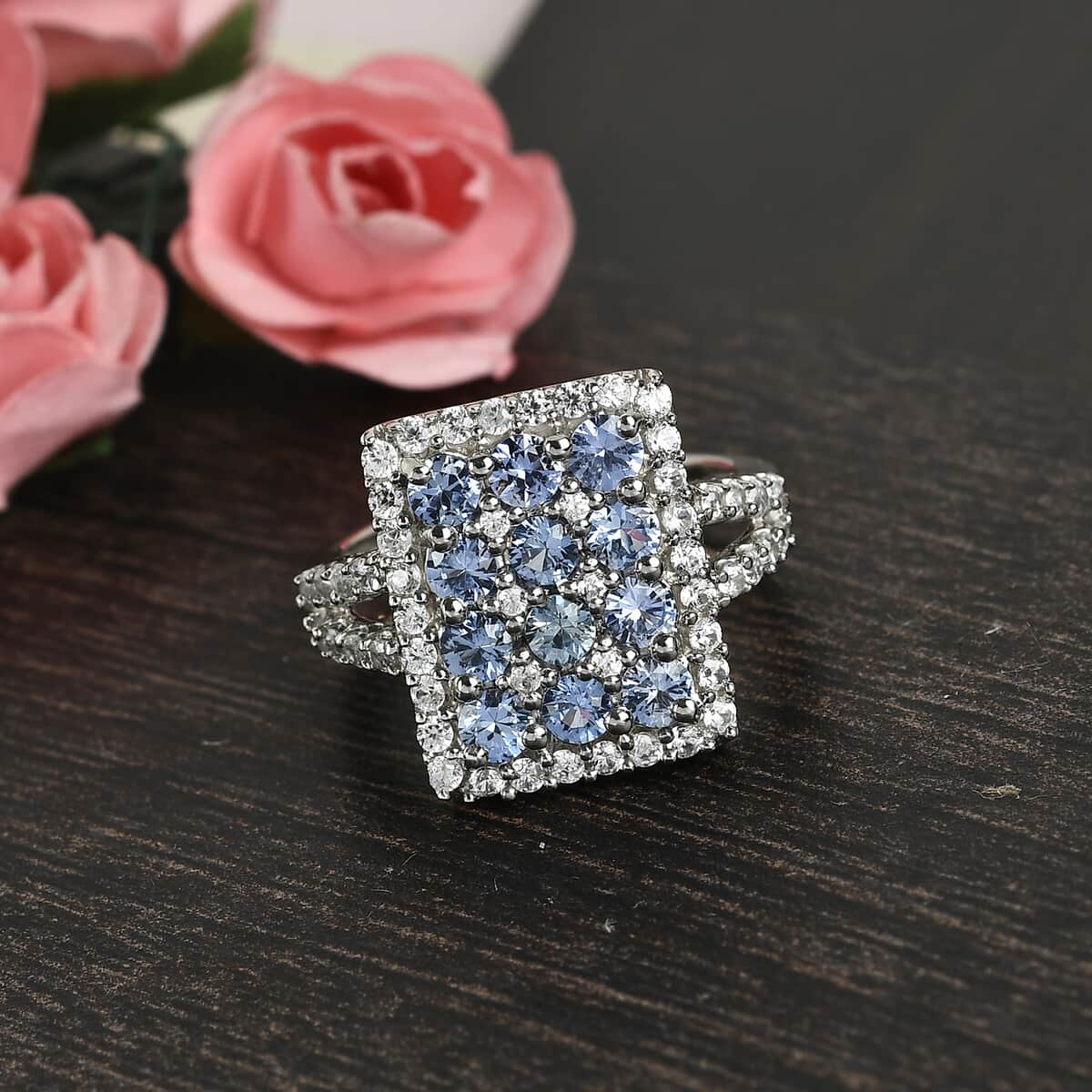 Blue Ceylon Sapphire and Zircon Cluster Ring in Platinum Over Sterling Silver (Size 8.0) 2.85 ctw image number 1
