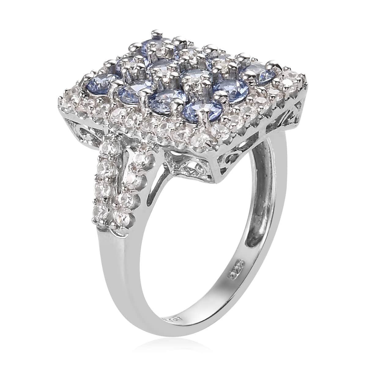 Blue Ceylon Sapphire and Zircon Cluster Ring in Platinum Over Sterling Silver (Size 8.0) 2.85 ctw image number 3