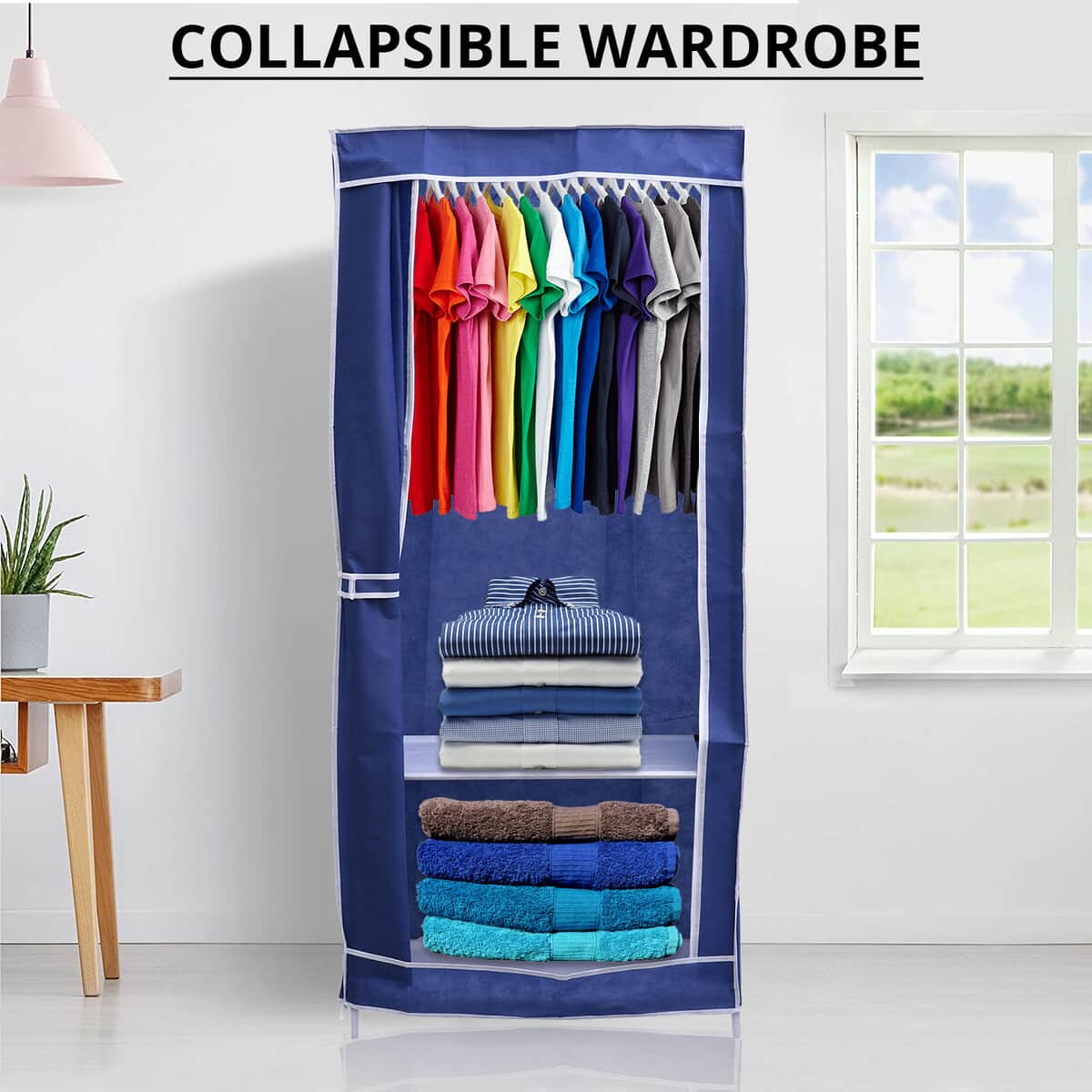 Blue Collapsible Wardrobe with 2 Outer pockets and Zippered Door (Non-Woven Fabric) image number 1