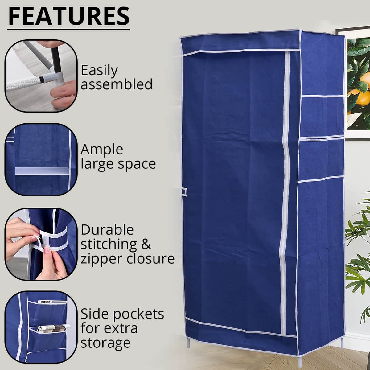 Blue Collapsible Wardrobe with 2 Outer pockets and Zippered Door (Non-Woven Fabric) image number 2