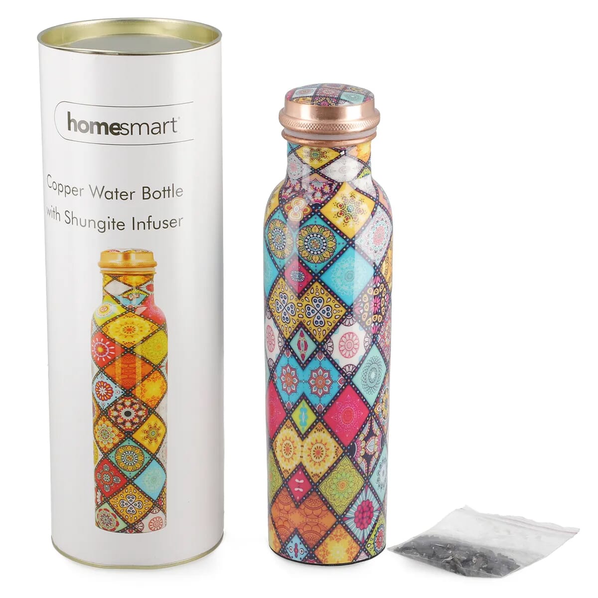 HOMESMART Multi Diamond Printed Solid Copper Bottle with Elite Shungite and Copper Infuser 33.81 oz | Copper Water Bottle | Infused Bottle | Infuser Water Bottle | Water Infuser image number 0