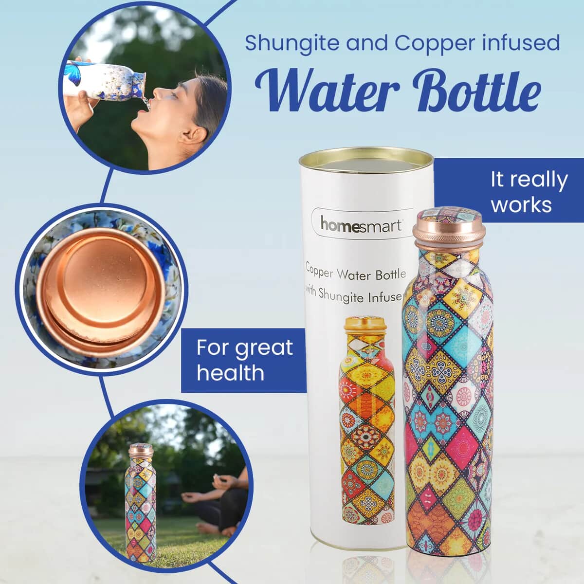 HOMESMART Multi Diamond Printed Solid Copper Bottle with Elite Shungite and Copper Infuser 33.81 oz | Copper Water Bottle | Infused Bottle | Infuser Water Bottle | Water Infuser image number 2