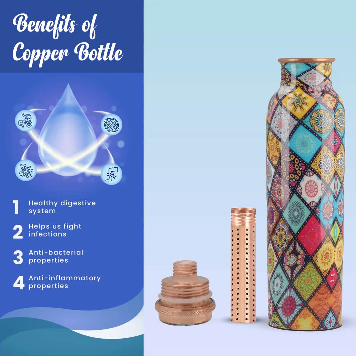 HOMESMART Multi Diamond Printed Solid Copper Bottle with Elite Shungite and Copper Infuser 33.81 oz | Copper Water Bottle | Infused Bottle | Infuser Water Bottle | Water Infuser image number 3