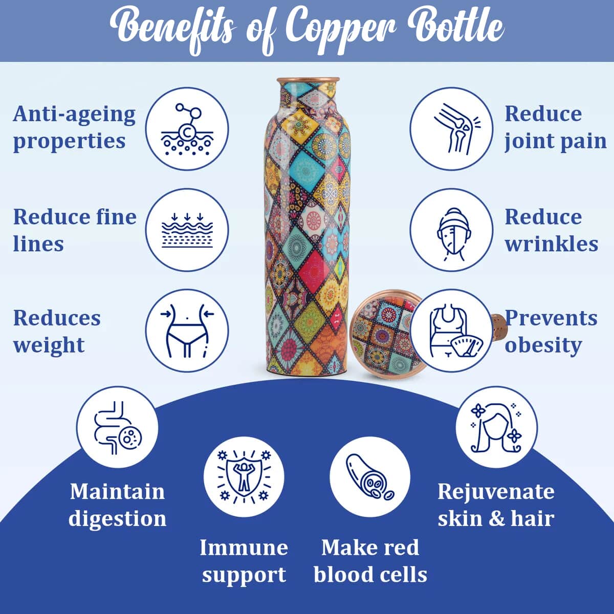 HOMESMART Multi Diamond Printed Solid Copper Bottle with Elite Shungite and Copper Infuser 33.81 oz | Copper Water Bottle | Infused Bottle | Infuser Water Bottle | Water Infuser image number 4
