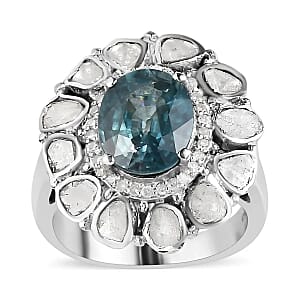 Premium Ratanakiri Blue Zircon (Ovl 10x8 mm), Polki Diamond, Diamond (0.90 cts) Cocktail Ring in Platinum Over Sterling Silver (Size 9.0) 4.90 ctw