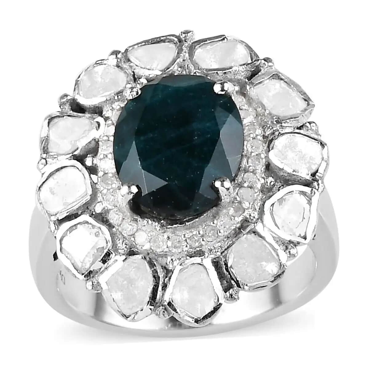 Teal Grandidierite Cocktail Ring in Platinum Over Sterling Silver| Polki Diamond Ring| Wedding Ring| Engagement Rings (Size 7.0) 3.75 ctw image number 0