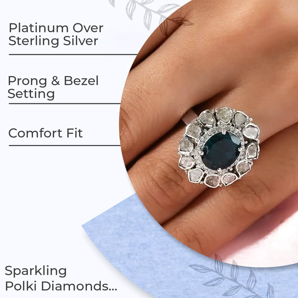 Teal Grandidierite Cocktail Ring in Platinum Over Sterling Silver| Polki Diamond Ring| Wedding Ring| Engagement Rings (Size 7.0) 3.75 ctw image number 2