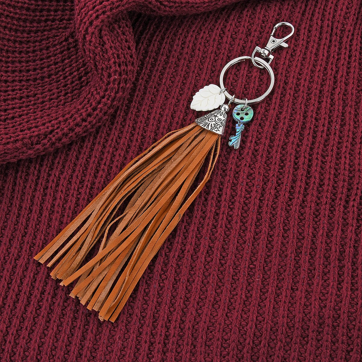 Buy Carved Bone Leaf, Abalone Shell Key and Leather Tassel Charms ...