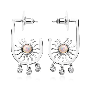 Ethiopian Welo Opal, White Zircon Celestial Sun Charms Earrings in Platinum Over Sterling Silver 1.00 ctw