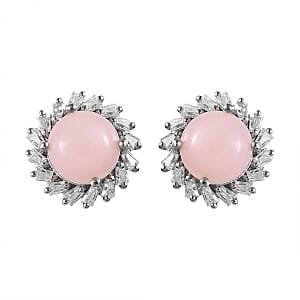 Peruvian Pink Opal, Moissanite Halo Stud Earrings in Platinum Over Sterling Silver 4.30 ctw