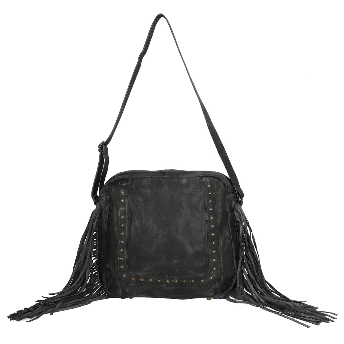 Buy Pink Genuine Leather Fringes Crossbody Bag with Agate Stone at ShopLC.