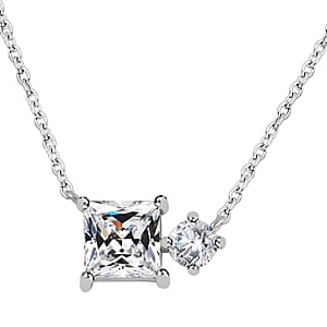 Lustro Stella Finest CZ Mixed Shapes Toi Et Moi Necklace (16-18 Inches) in Rhodium Over Sterling Silver 3.50 ctw