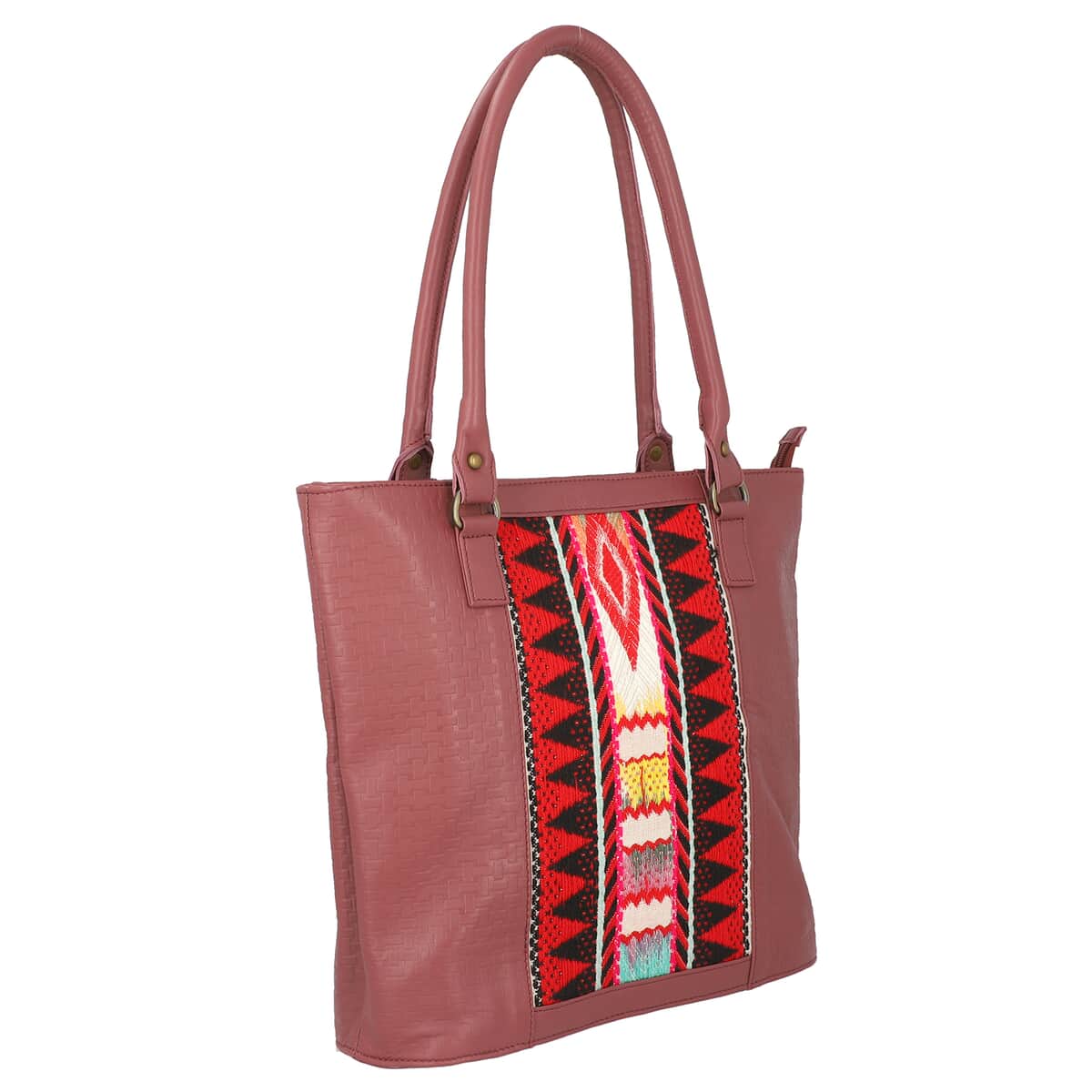 Wine Genuine Leather and Colorful Fabric Shoulder Bag image number 2