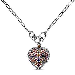 Rainbow Sapphire Heart Necklace (18 Inches) in Platinum Over Sterling Silver 2.20 ctw