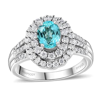 Certified & Appraised Rhapsody 950 Platinum AAAA Paraiba Tourmaline and E-F VS Diamond Double Halo Ring 9.20 Grams 2.00 ctw