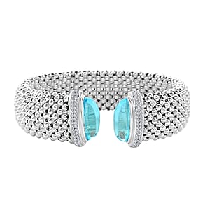 Italian Blue Topaz, Simulated Diamond Bangle Bracelet in Sterling Silver (6.50 In) 5.90 ctw
