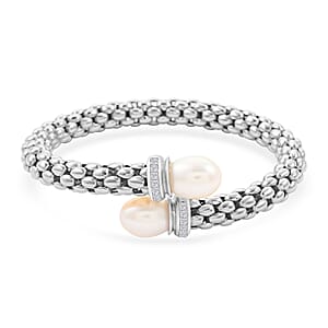 Italian Freshwater Pearl, Simulated Diamond Bangle Bracelet in Sterling Silver (6.50 In) 0.33 ctw