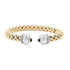 Italian Black Onyx, Simulated Diamond Bangle Bracelet in 14K YG Over and Sterling Silver (6.50 In) 1.50 ctw