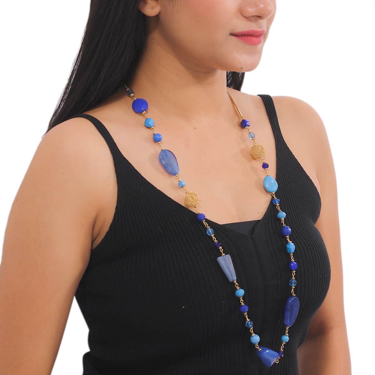 Blue Glass Beaded Necklace 32.5 Inches in Goldtone image number 1