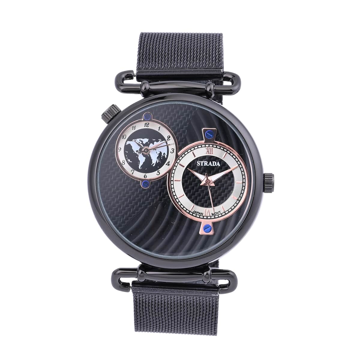 STRADA Double Japanese Movement Watch with ION Plated Black Stainless Steel Mesh Strap (44mm), Dual Time Zones image number 0
