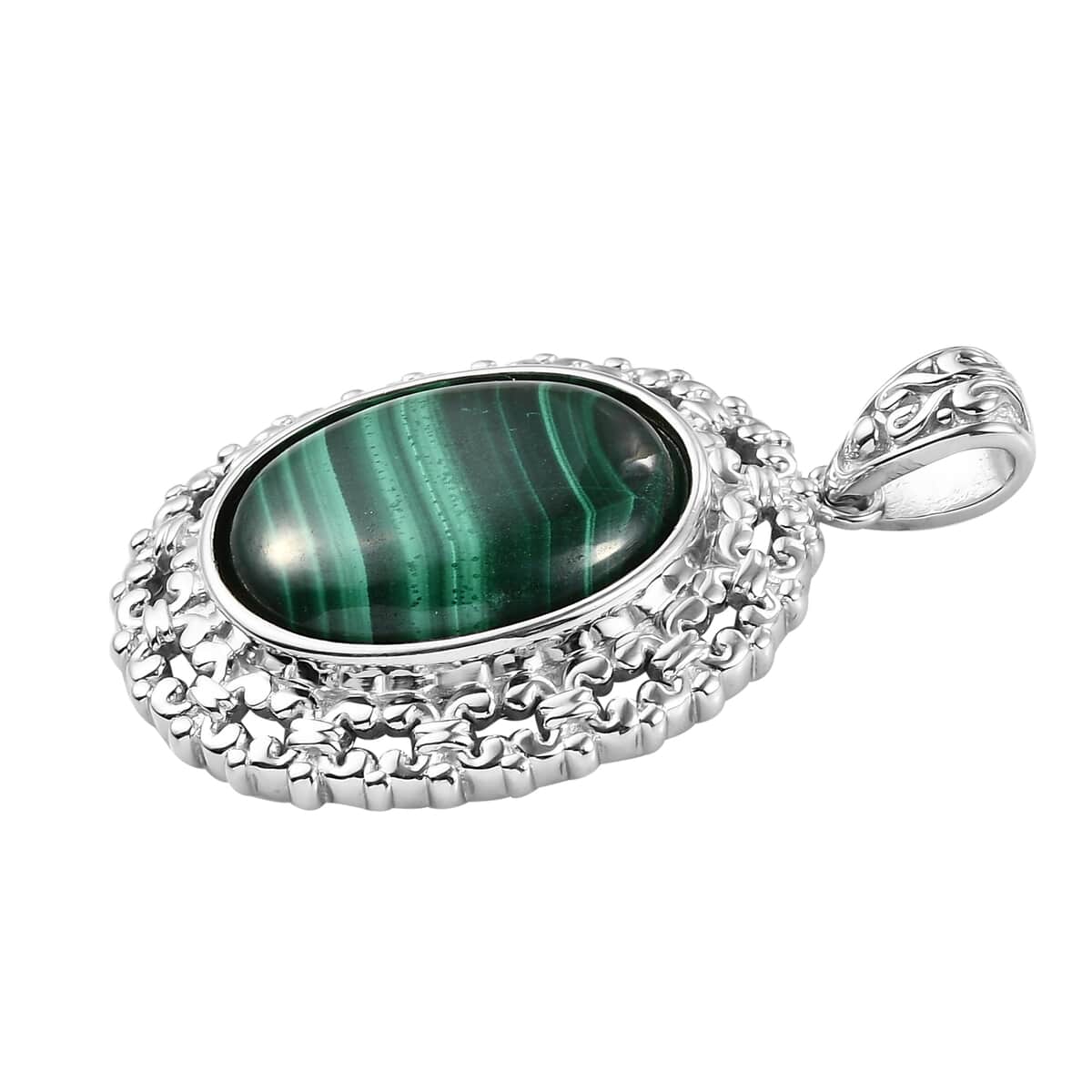 African Malachite Solitaire Pendant in Platinum Over Copper With Magnet 17.00 ctw image number 2