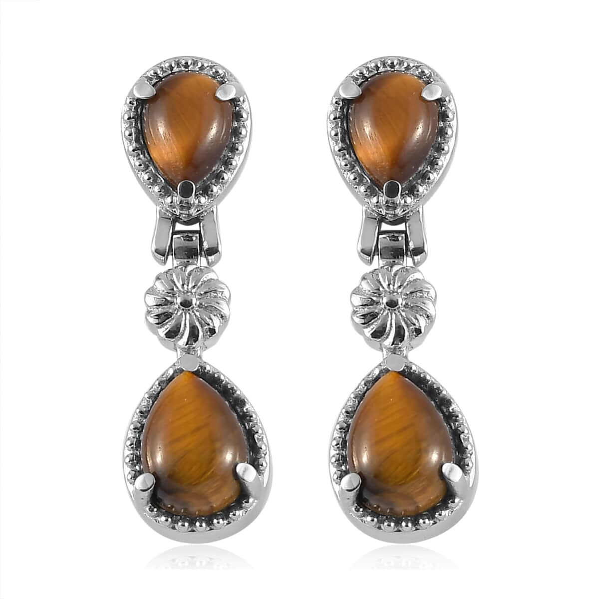 South African Tiger's Eye Dangling Earrings in Stainless Steel 4.60 ctw image number 0