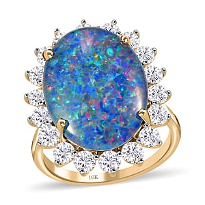 10K Rose Gold AAA Boulder Opal Triplet, White Zircon Sunburst Ring (Size 9.0) 10.00 ctw