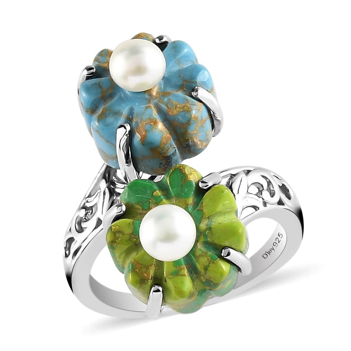 Mojave Green and Blue Turquoise, Freshwater Pearl Floral Bypass Ring in Platinum Over Sterling Silver (Size 9.0) 10.90 ctw image number 0