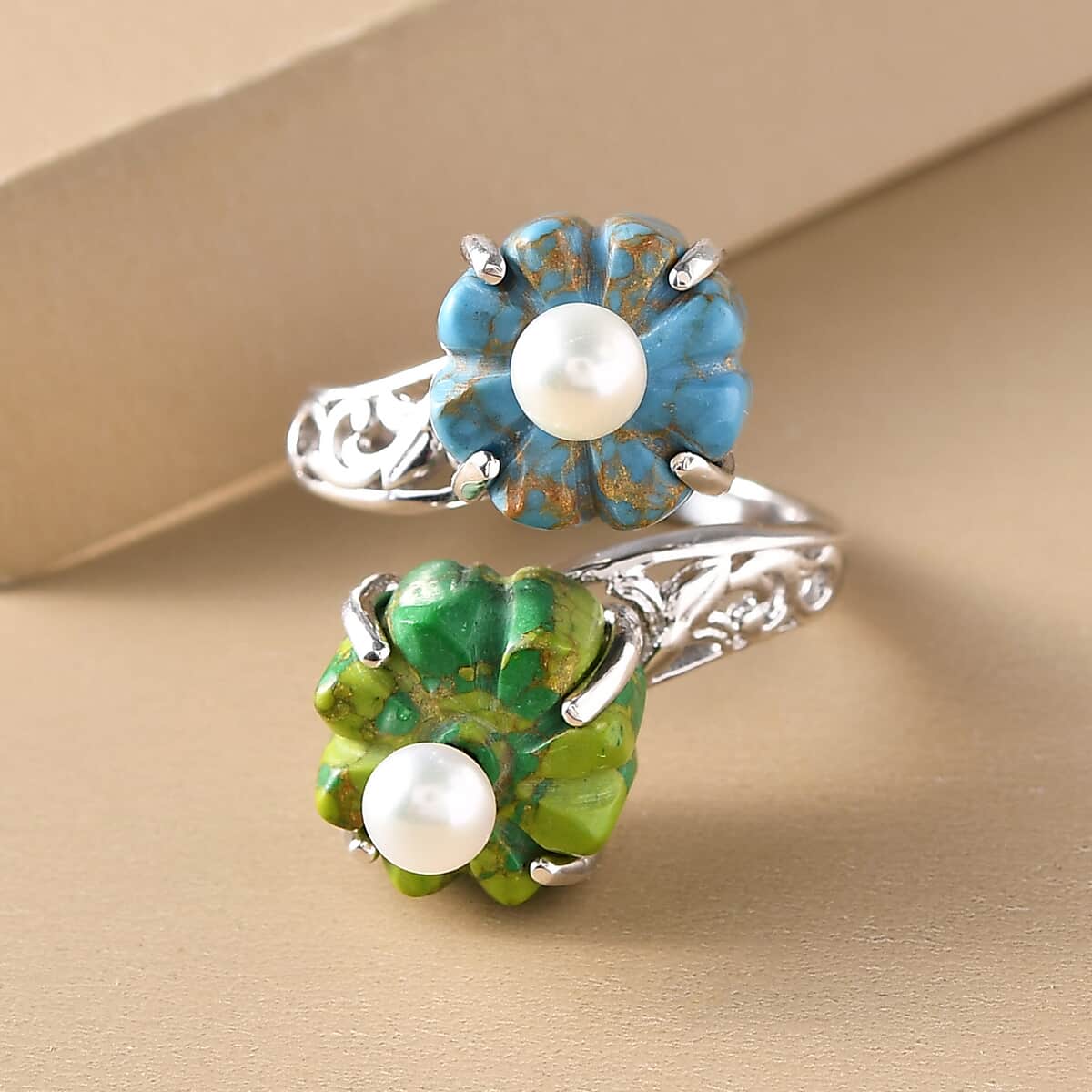 Mojave Green and Blue Turquoise, Freshwater Pearl Floral Bypass Ring in Platinum Over Sterling Silver (Size 9.0) 10.90 ctw image number 1