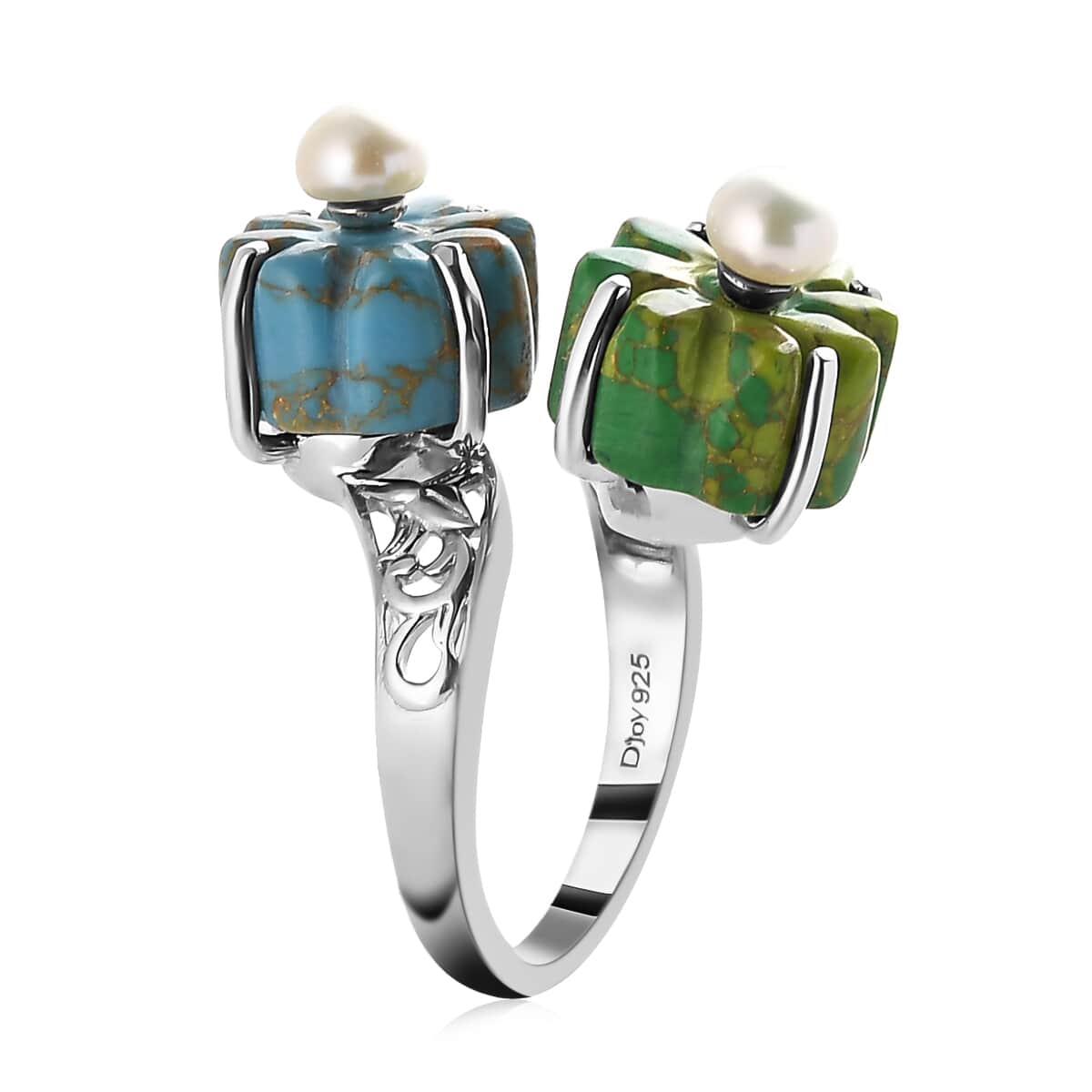 Mojave Green and Blue Turquoise, Freshwater Pearl Floral Bypass Ring in Platinum Over Sterling Silver (Size 9.0) 10.90 ctw image number 3