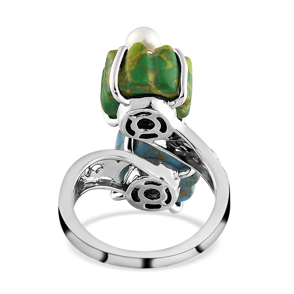 Mojave Green and Blue Turquoise, Freshwater Pearl Floral Bypass Ring in Platinum Over Sterling Silver (Size 9.0) 10.90 ctw image number 4