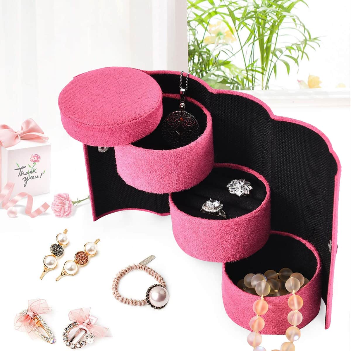 Rose Red Velvet Three Layer Cylinder Shape Jewelry Box with Top Cap and Snap Button Closure image number 1