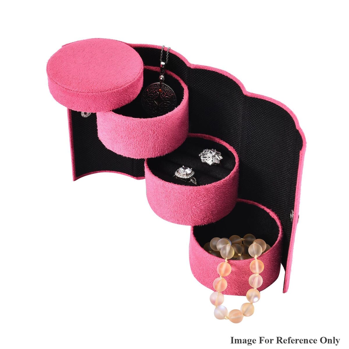 Rose Red Velvet Three Layer Cylinder Shape Jewelry Box with Top Cap and Snap Button Closure image number 4