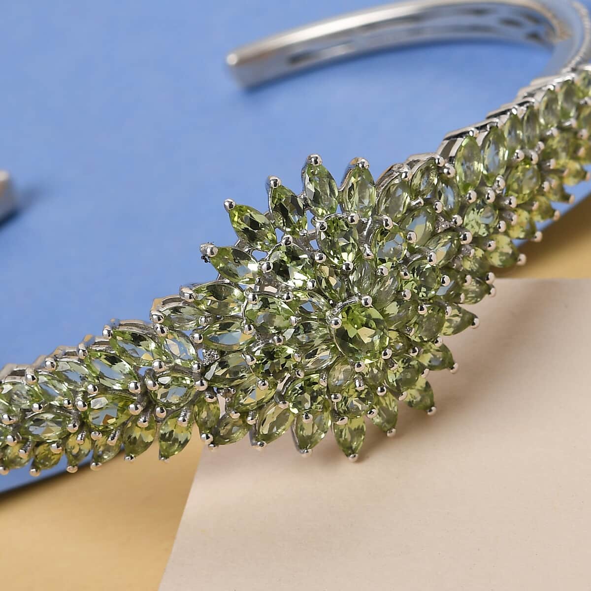 Arizona Peridot and White Zircon Floral Cuff Bracelet in Platinum Over Sterling Silver (7.25 in) 10.75 ctw image number 1