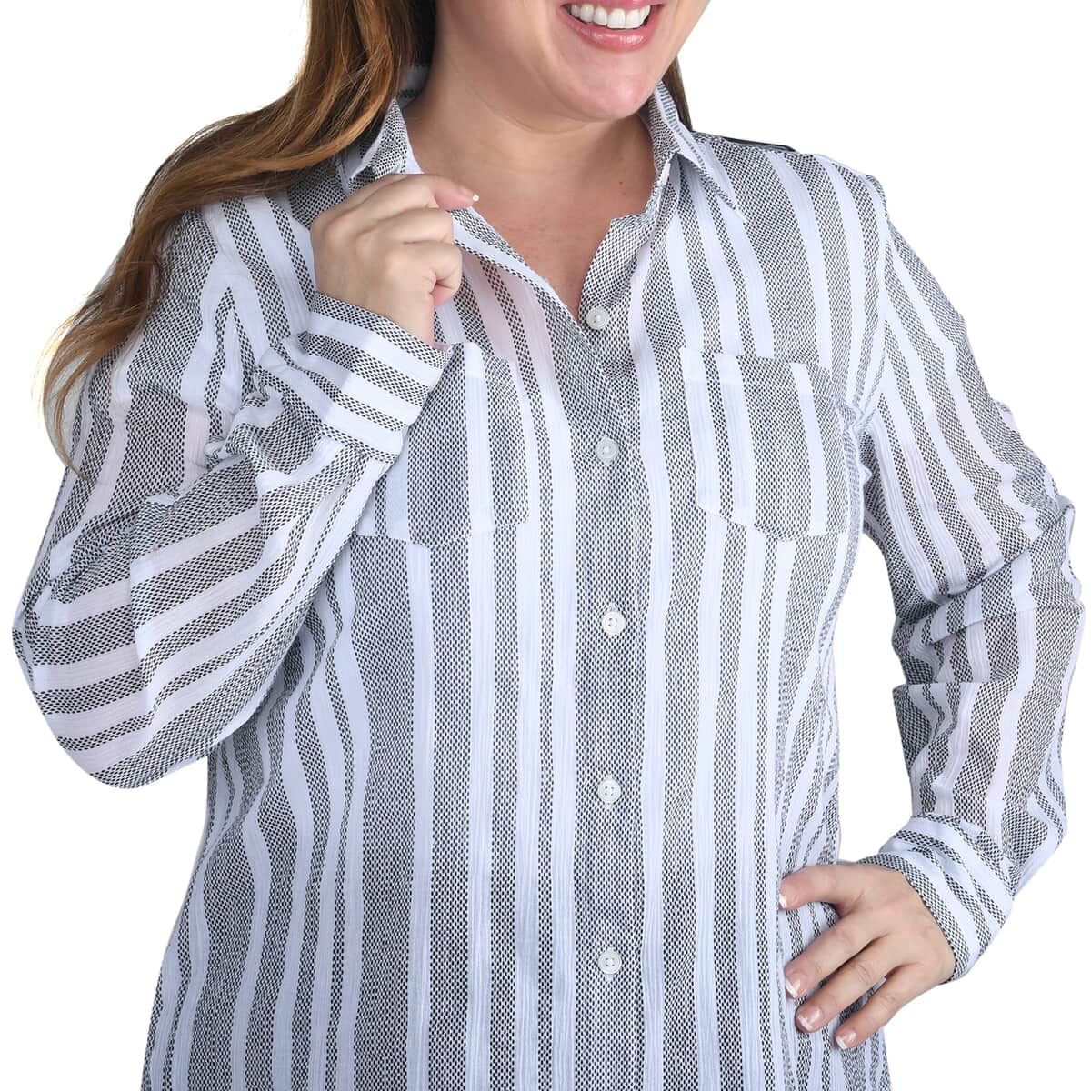 HARVE BENARD Gray and White Striped Button-up Shirt - XL image number 3