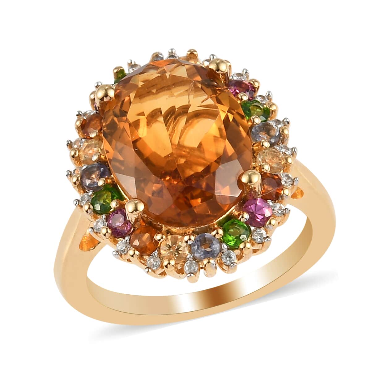 Santa Ana Madeira Citrine and Multi Gemstone Halo Ring in Vermeil Yellow Gold Over Sterling Silver (Size 8.0) 6.25 ctw image number 0